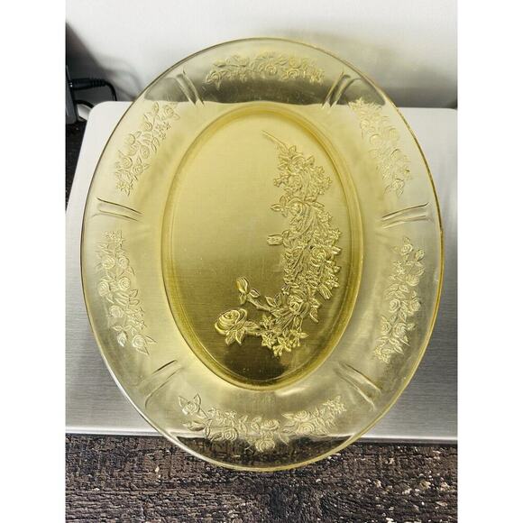 Federal Depression Glass Amber Sharon Cabbage Rose Serving Yellow Platter Plate - Picture 12 of 14